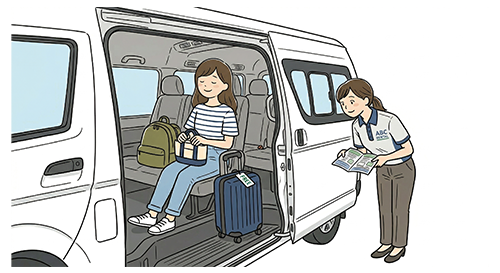 無料送迎バスに乗車