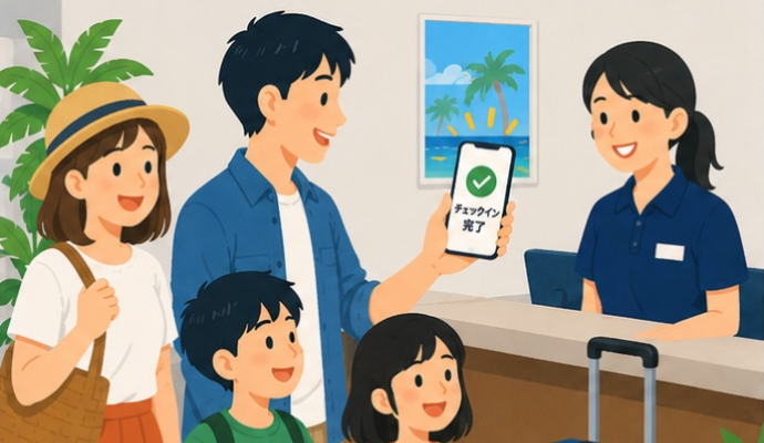 事前チェックイン済み画面を見せる