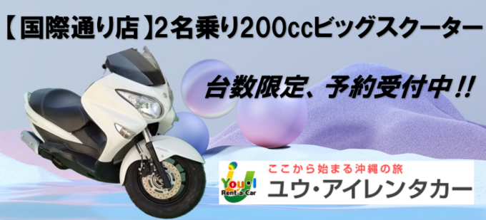 【国際通り店】2名乗り200ccビッグスクーター・ヘルメットレンタル（2個）・免責補償込みプラン※AT普通二輪免許必須