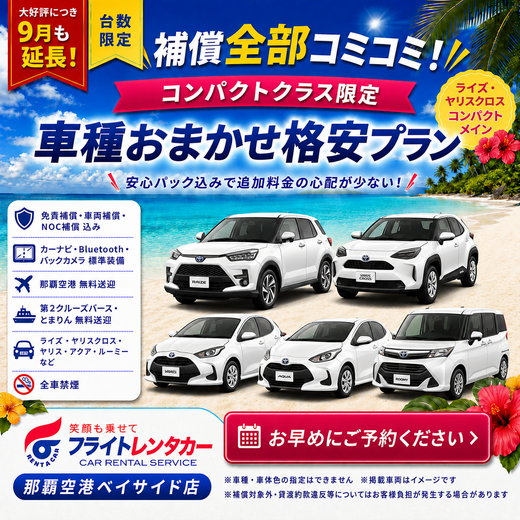 【大好評につき９月も延長！補償全部コミコミ♪車種おまかせ☆格安プラン♬】
