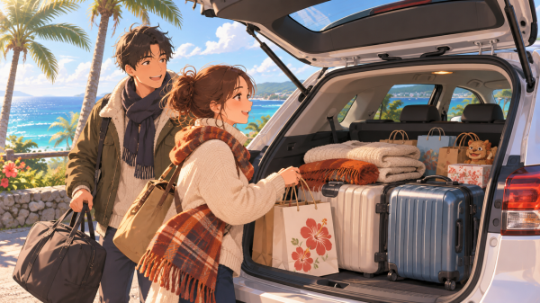 荷物を積む女性