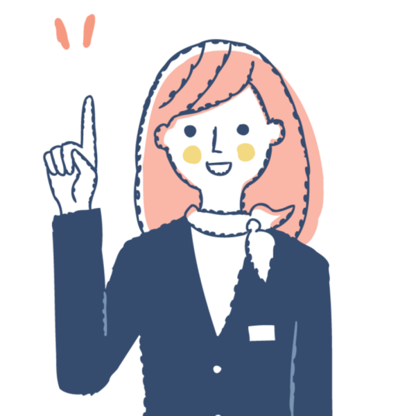 右手でOKサインを作り、ウインクをして微笑む案内係の女性のイラスト