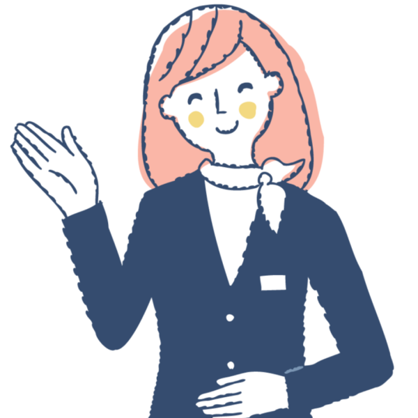人差し指を立てて笑顔でポイントを指し示す案内係の女性のイラスト