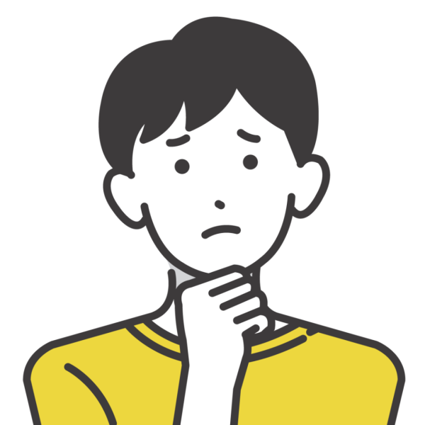 顎に手を当てて困った表情で悩む男性のイラスト