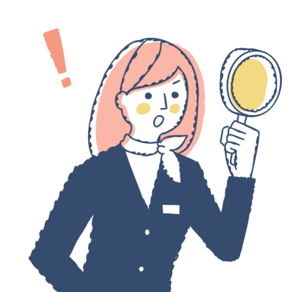 虫眼鏡を覗き込んで何かを発見し、驚いている案内係の女性のイラスト