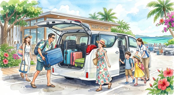荷物を入れる男性と南国を楽しむ家族
